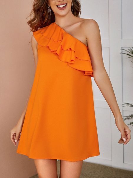 

one shoulder layered trim dress t2y5#, Black;gray