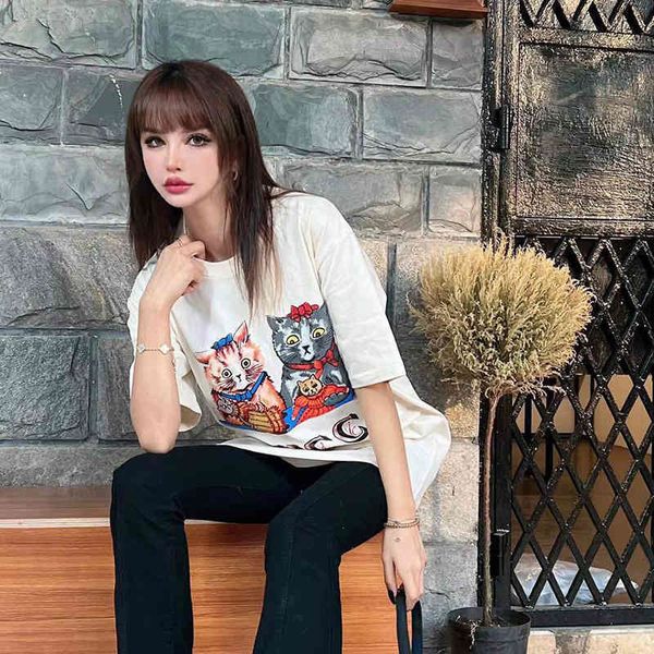 

summer trendy men's and clothing new cat loose women's t-shirt recommended family fashion, White