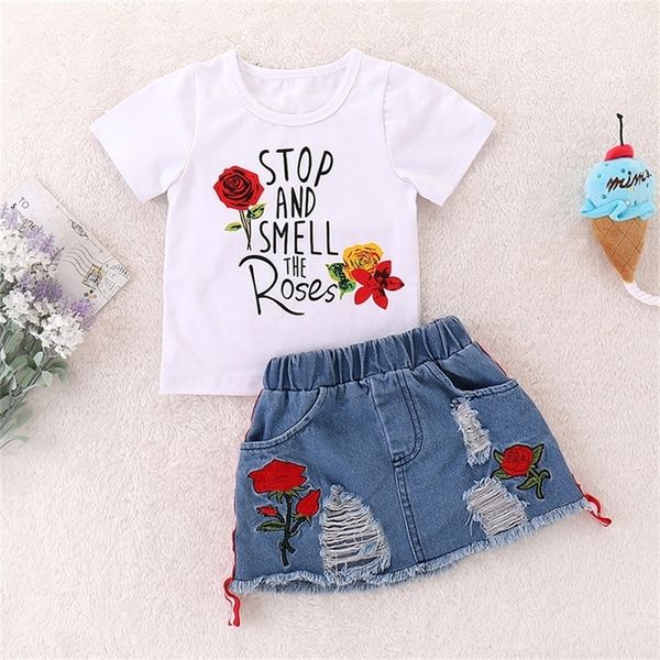 

kids set children's clothes suit summer flower print set denim skirt 2pcs toddler children outfits clothing sets 220425, White