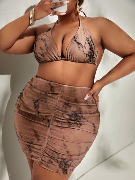 

plus 3pack marble print bikini swimsuit 68te#, White;black