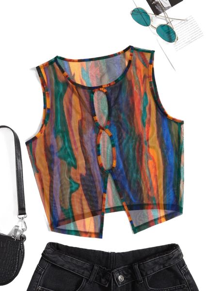 

allover print cut out split hem tank q5f6#, White