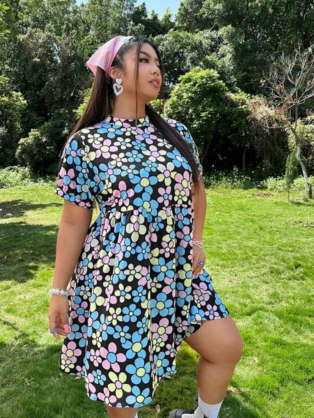 

plus allover floral print mock neck dress v7jx#, Black