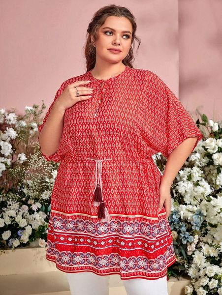 

plus floral print tie front blouse v8fz#, Black