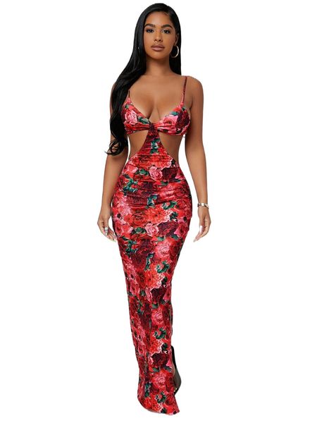 

sxy knot front high split dress p2r7#, Black;gray