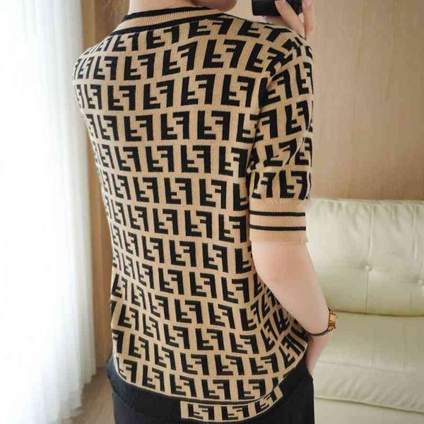 

22 summer cotton color matching short sleeve women loose thin round neck t-shirt versatile linen knitted large half top, White