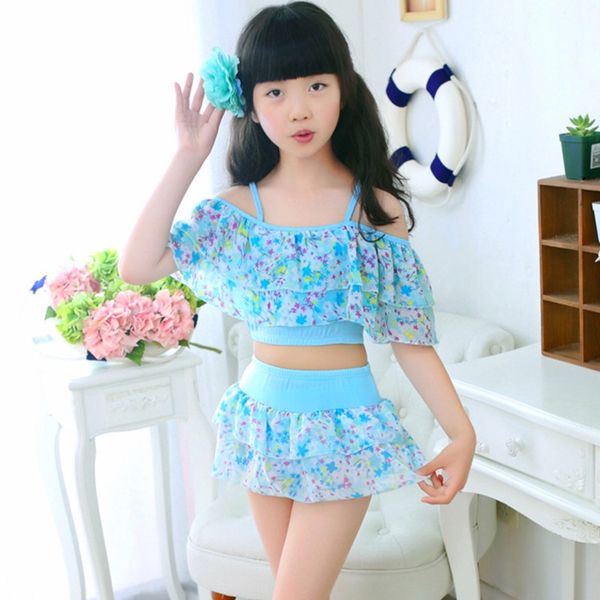 

girls two pieces suits for swimming children polyester swimwear kids floral bathing suit swim wear big girl swimsuits 3-15 years 220315, Blue