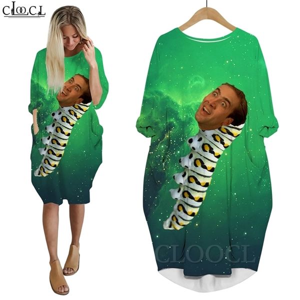 Abito da donna Divertente attore Nicolas Cage Stare At You 3D Abiti da figlia allentati Manica lunga Casual Streetwear Abito da tasca W220616