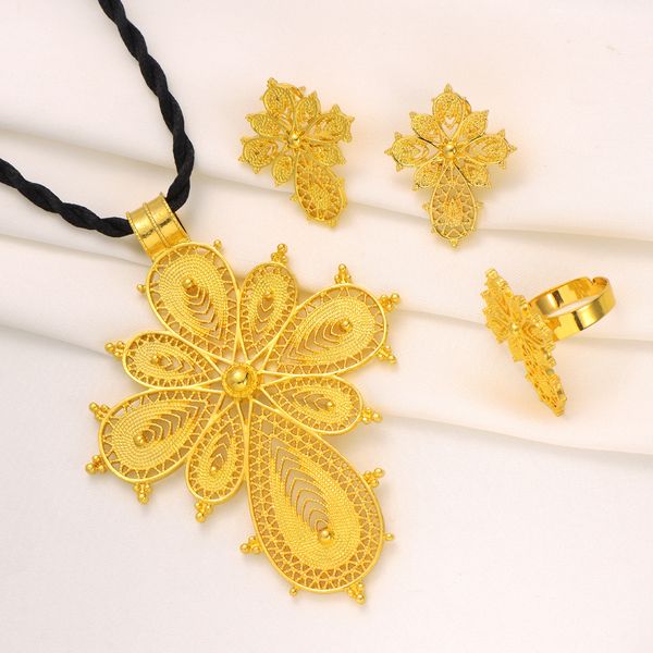 

fine solid gold gf ethiopian jewelry sets necklace earrings ring dubai wedding bride habesha african items high quality, Silver