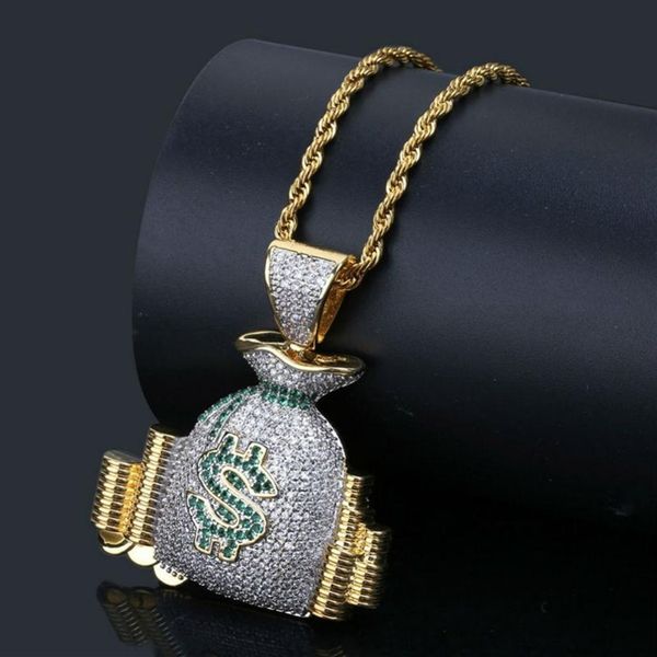 

us money bag stack cash coins pendant necklaces gold iced out bling cubic zircon necklace men hip hop jewelry3181, Silver