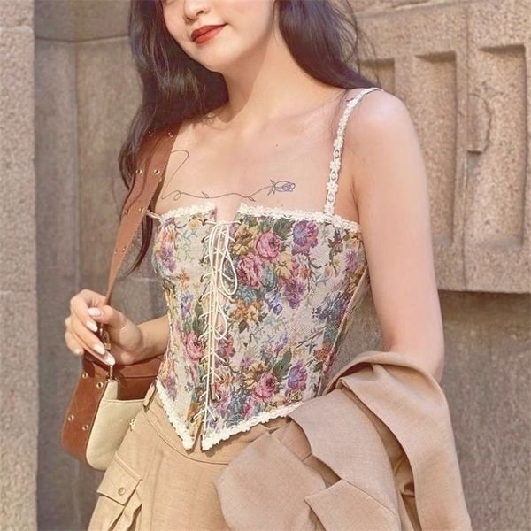 

french vintage print halter women elegant designer chic bandage floral corset shirts style party club ladies 220318, White