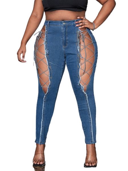 

plus cut out lace-up raw trim skinny jeans p6t8#, Blue