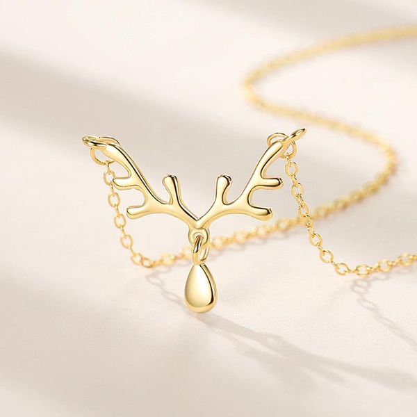 Colares pendentes Perfso S925 Prata esterlina Um cervo tem sua cadeia de clavículas Mori Fashion Antlers Colar de gotas de água para mulheres GIF simples