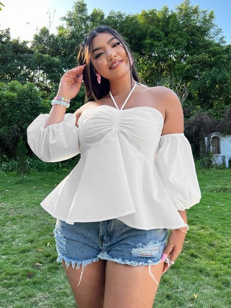 

plus tie back off shoulder peplum blouse r7fp#, Black
