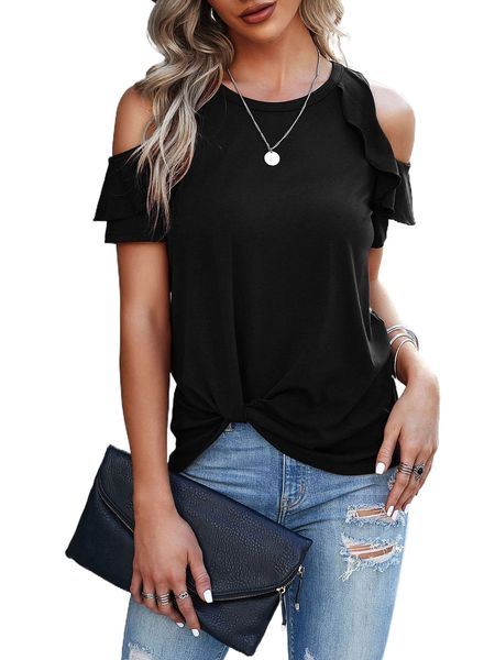 

cold shoulder ruffle trim asymmetrical hem tee o1qc#, White