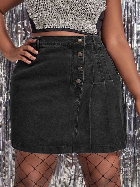 

plus button front pleated detail denim skirt q7p2#, Black
