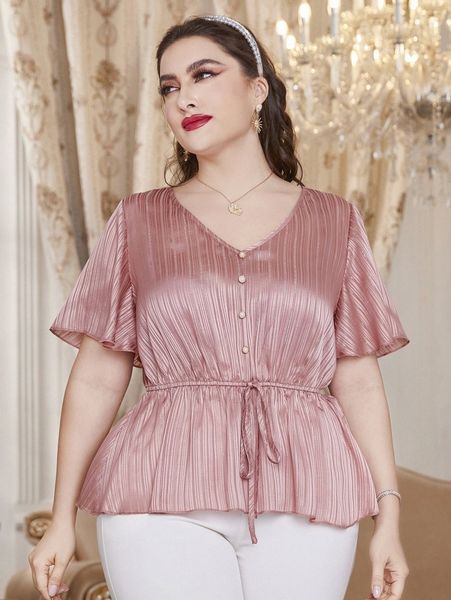 

plus butterfly sleeve knot front peplum blouse a7fi#, Black