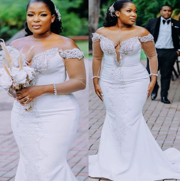 

gorgeous mermaid wedding dresses bridal gown with 3/4 long sleeves crystals beaded satin off shoulder sweep train custom made plus size vest, White