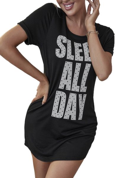 

slogan graphic lounge dress 43z6#, Black;red