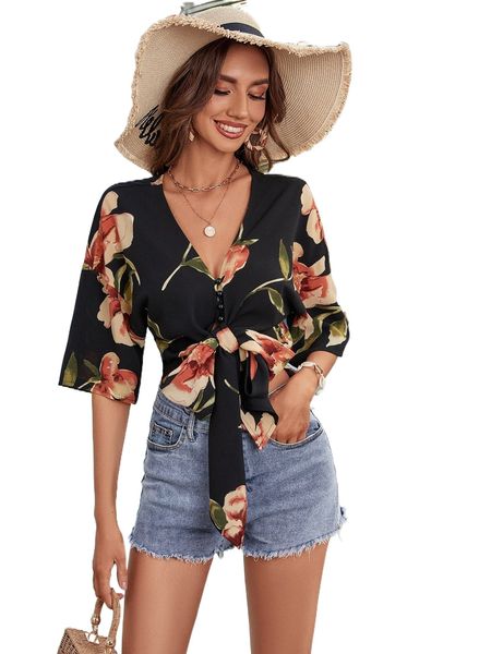 

floral print tie front button detail drop shoulder crop blouse m8h7#, White