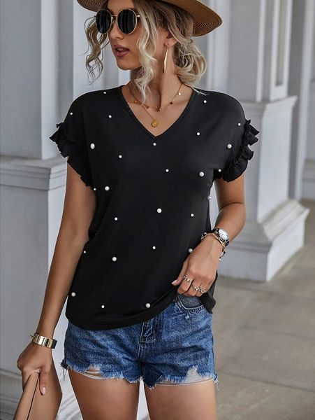 

pearls beaded batwing sleeve tee 983k#, White