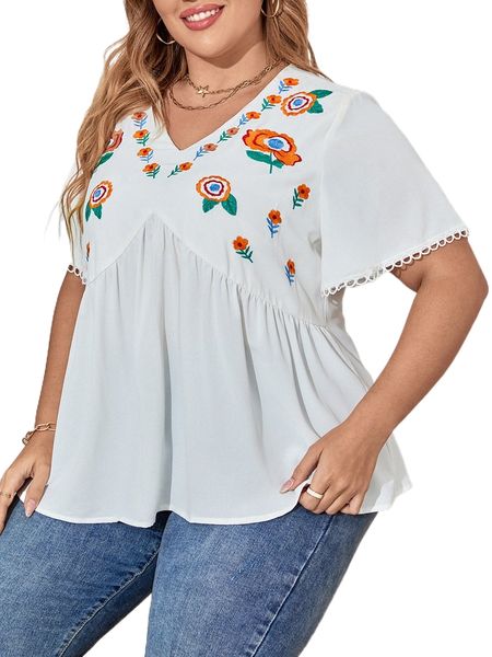 

plus floral embroidery lace trim blouse e71x#, Black