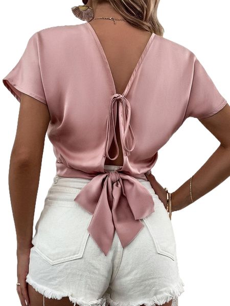 

tie back batwing sleeve satin blouse i12a#, White