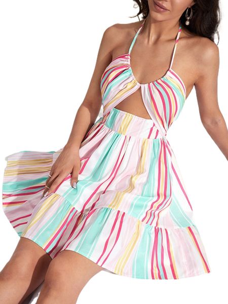 

block striped cut out tie backless ruffle hem halter dress u5nx#, Black;gray