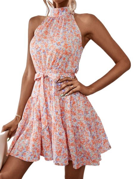 

ditsy floral ruffle hem halter dress l2ii#, Black;gray