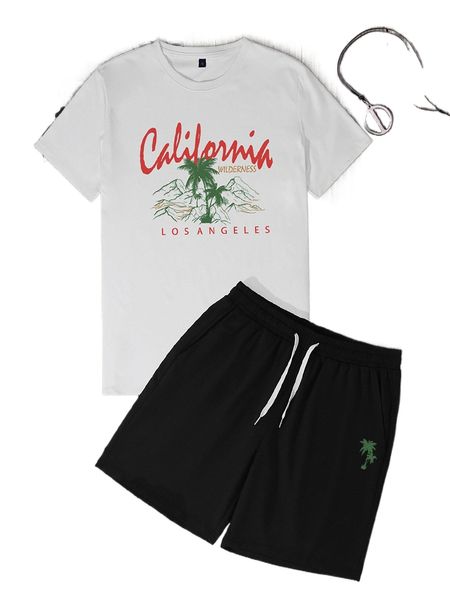 

men letter & tropical print tee & shorts r5j7#, Gray