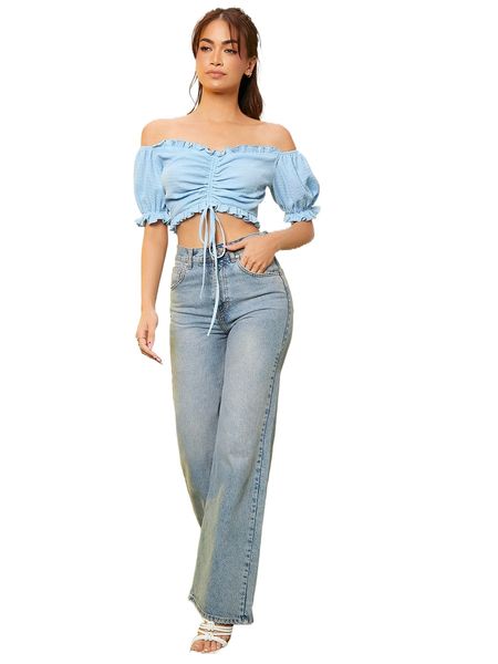 

off shoulder ruffle trim drawstring ruched front crop d7xl#, White