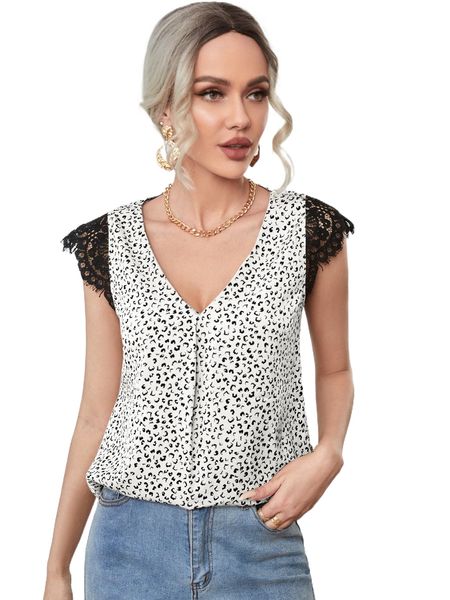 

contrast lace allover print v neck blouse x5lj#, White
