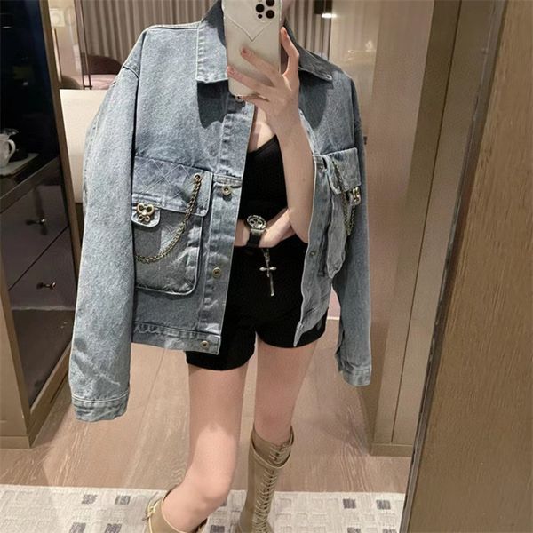 

women's jackets designer 22 early spring new niche design patch bag metal chain decoration short loose denim coat qgxk, Black;brown