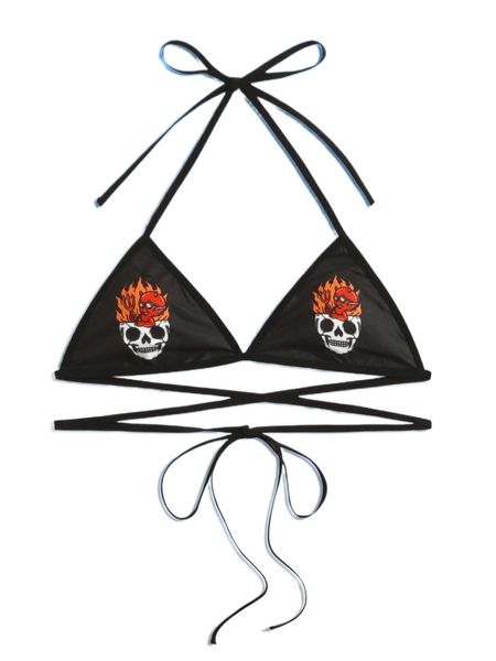 

romwe x rullirufi skull & fire graphic criss cross bralette x6j1#, Black;red