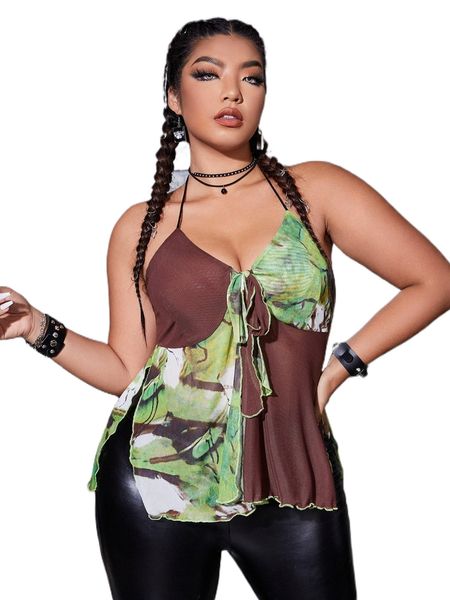 

plus tie dye knot front slit hem mesh halter 99zc#, Black