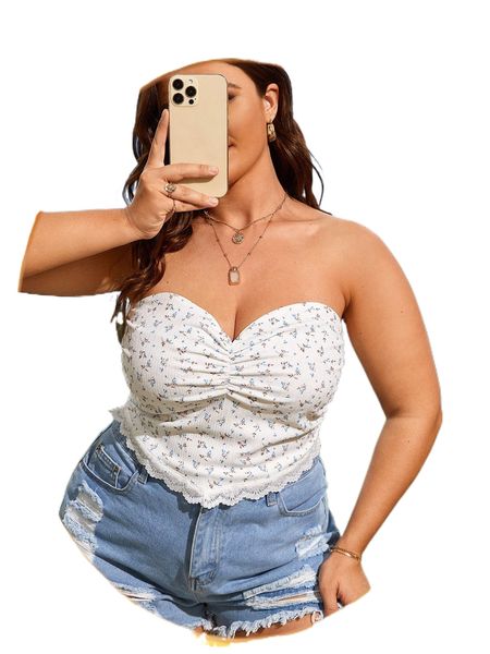 

plus ditsy floral ruched contrast lace hanky hem tube x1pm#, Black