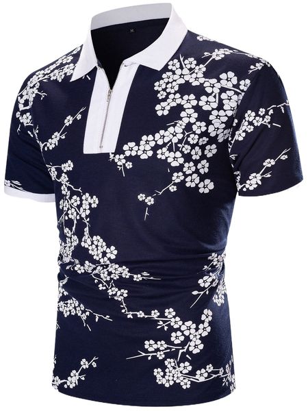 

men floral print half zipper polo shirt l40g#, White;black
