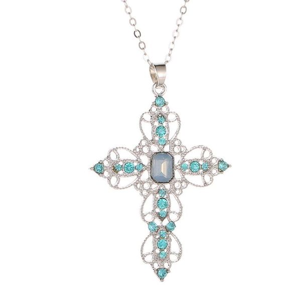 Anhänger Halsketten Böhmischen Stil Kreuz Halskette Frauen Hohl Intarsien Blau Kristall Schlüsselbein Kette Braut Hochzeit Schmuck ZubehörAnhänger