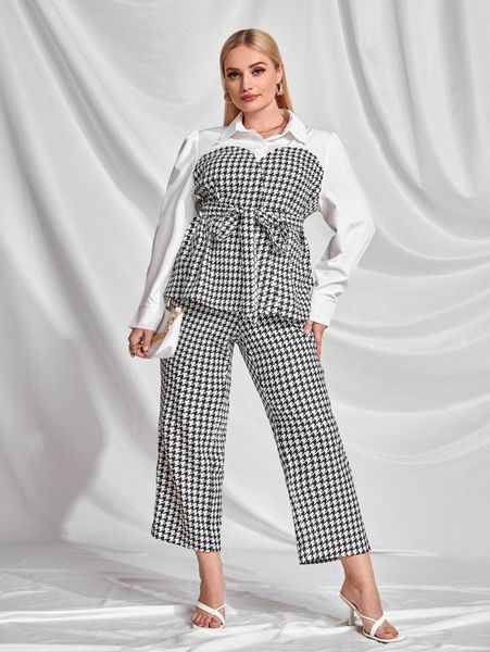

plus belted 2 in 1 blouse & houndstooth pants d2fa#, Black