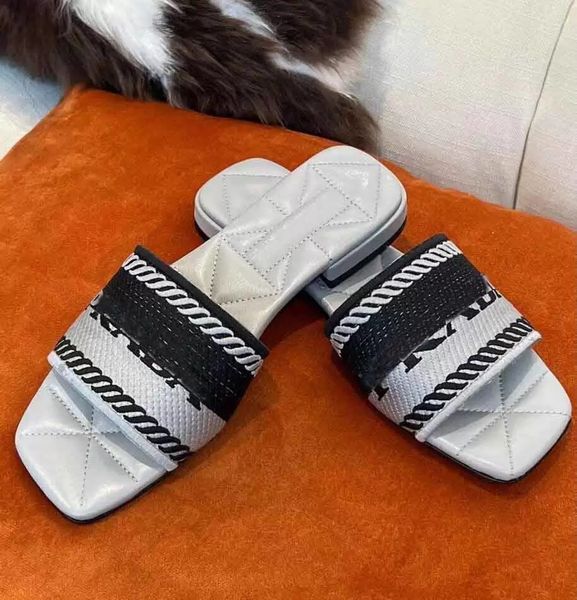 

summer fashion women embroidered fabric sandals slides flats quilted nappa leather casual walking slippers lady comfort footwear, Black
