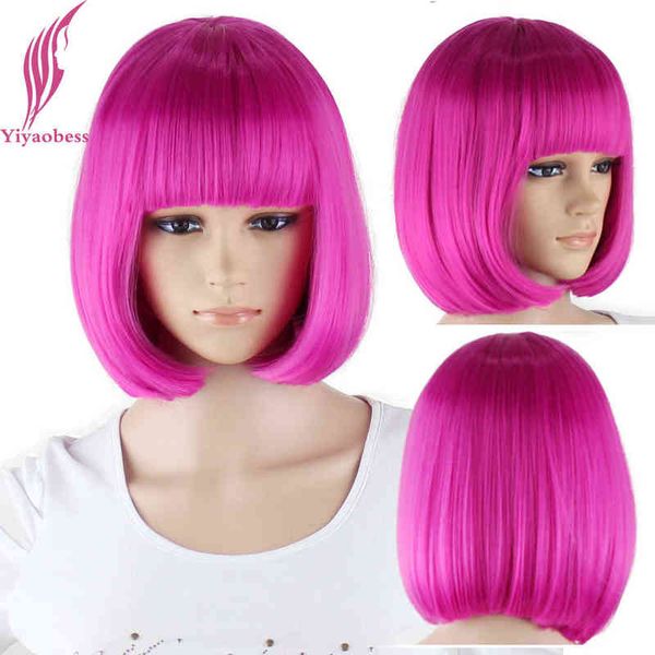 

synthetic 10inch straight short bob wigs bangs blue golden red black white purple pink green brown cosplay wig female 220622