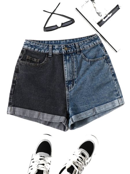

colorblock roll up hem denim shorts 54el#, White;black