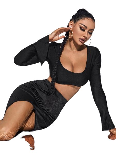 

scoop neck crop and split thigh skirt set 45n1#, White