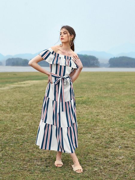 

striped print ruffle off shoulder tiered hem belted dress n8yv#, Black;gray