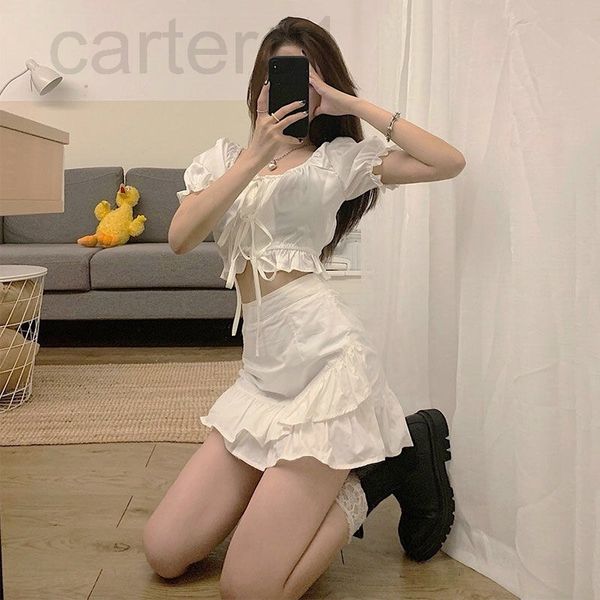 

women's tracksuits designer summer short bandage open navel t-shirt + high waist ruffle skirt suit two piece fashion for female student, Gray