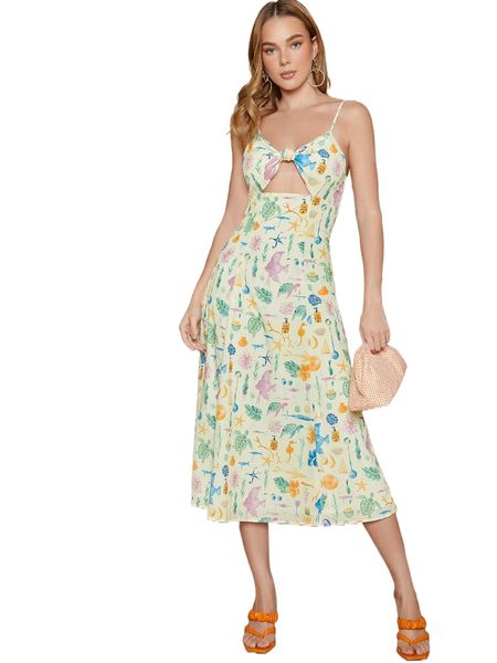 

tropical print shirred back twist front peekaboo dress h3fn#, Black;gray