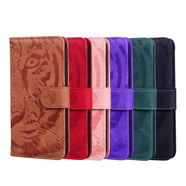 Brieftaschen-Handyhüllen für Samsung Galaxy S22 S21 S20 Note20 Ultra Note10 Plus – Tiger-Prägung, PU-Leder, zwei Kartenfächer, Flip-Kickstand-Abdeckung