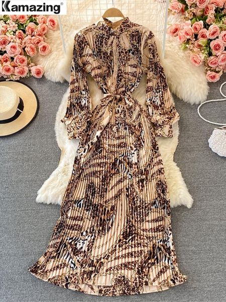 

spring women french loose pleated printed long dress elegant sleeve a-line lady clothes autumn female maxi, Black;gray