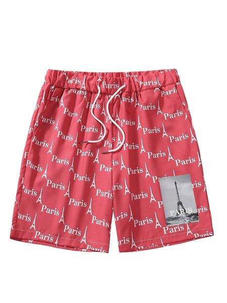 

men random tower & letter graphic drawstring waist shorts z1lz#, White;black