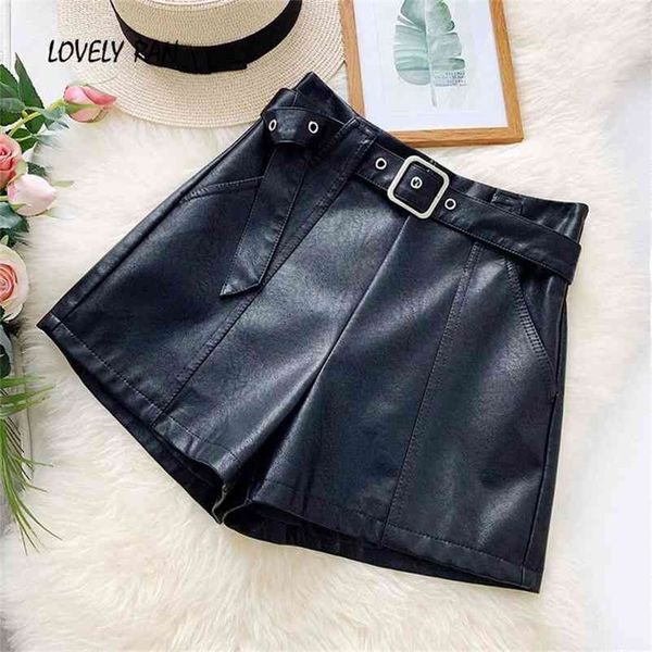 

high waist women's leather short pu belt zipper pocket female shorts spring fashion korean casual girl ladies bottom 210331, White;black