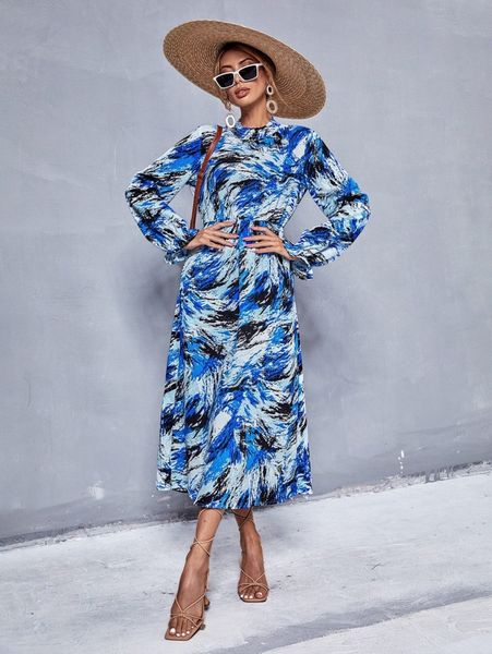 

allover print flounce sleeve dress m6o1#, Black;gray